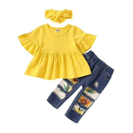 Girls 3 PCS Sets  Tops With Denim Pants with Headband